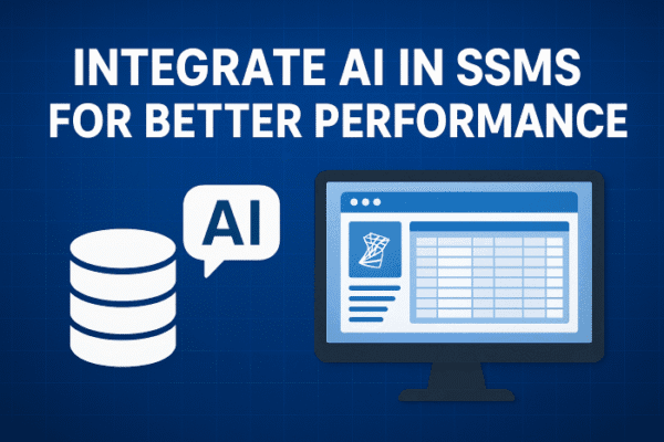 Illustration showing AI integration in SQL Server Management Studio (SSMS) with database and computer icons on a blue background, representing optimized database performance using artificial intelligence.
