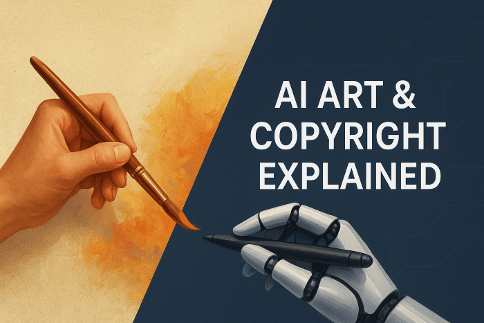 Human and AI painting together representing ownership of AI-generated images