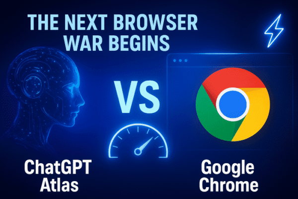 Thumbnail comparing ChatGPT Atlas and Google Chrome with a glowing blue futuristic AI head on the left, Chrome logo on the right, and text saying ‘The Next Browser War Begins.