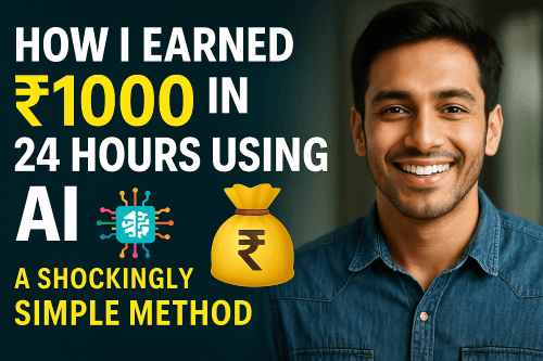 Realistic AI earning concept showing hands using a laptop with money and digital graphics representing how to earn money using AI