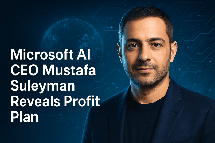 Professional portrait of Microsoft AI CEO Mustafa Suleyman with a futuristic digital background featuring glowing blue circuits and a holographic globe, alongside the text “Microsoft AI CEO Mustafa Suleyman Reveals Profit Plan.”