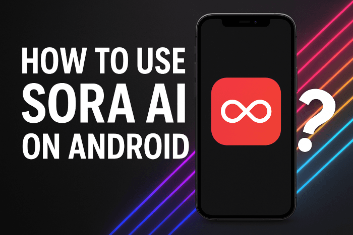 Thumbnail showing 'How to Use Sora AI on Android' text with a smartphone displaying the Sora AI logo and neon question mark, symbolizing curiosity about AI video creation.