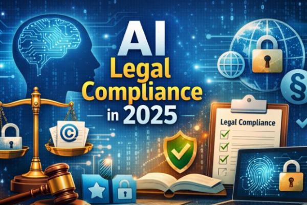 Guide showing how to protect yourself from AI legally in 2025 with privacy and compliance icons