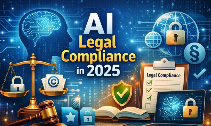 Guide showing how to protect yourself from AI legally in 2025 with privacy and compliance icons